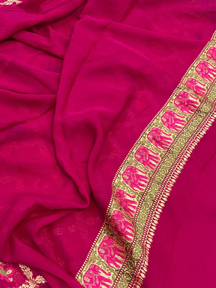 Rani Pink Tilfi Patola Pure Khaddi Georgette Silk Saree - Aura Benaras