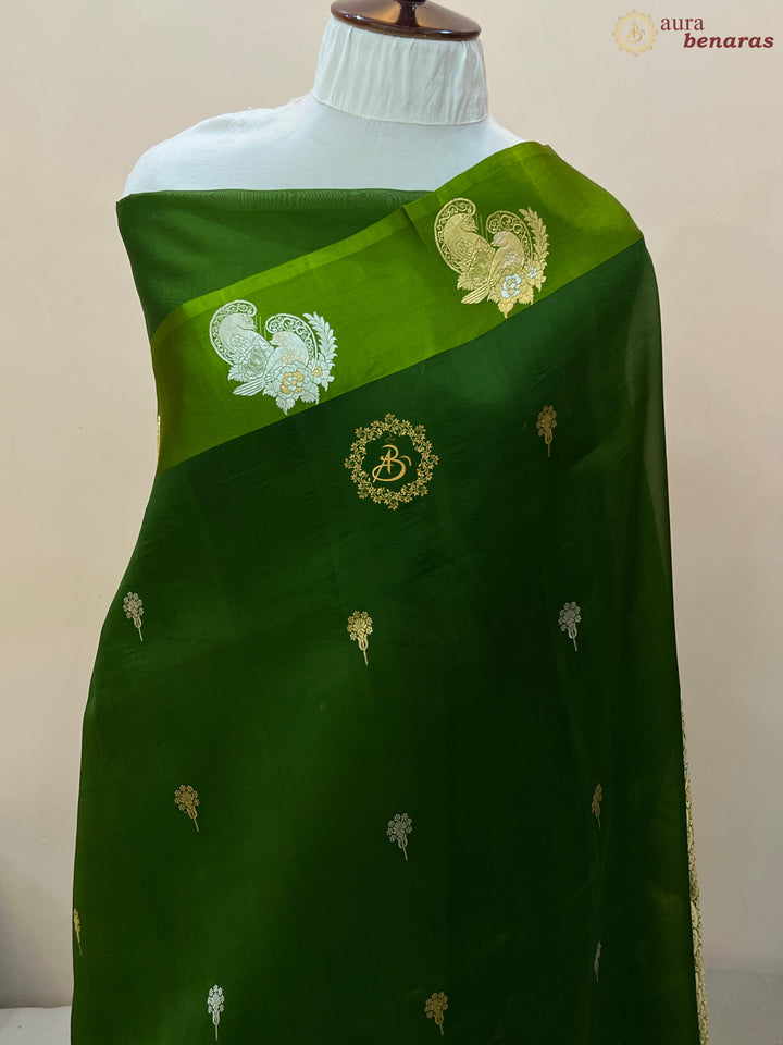 Mehndi Green Pure Kora Silk Handloom Banarasi Saree