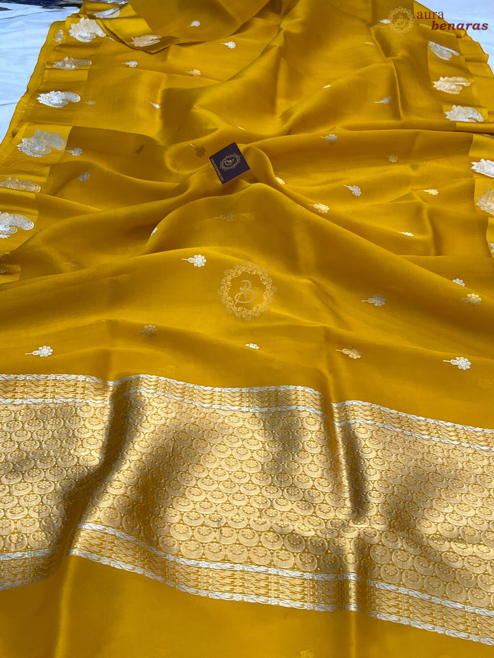 Yellow Pure Kora Silk Handloom Banarasi Saree