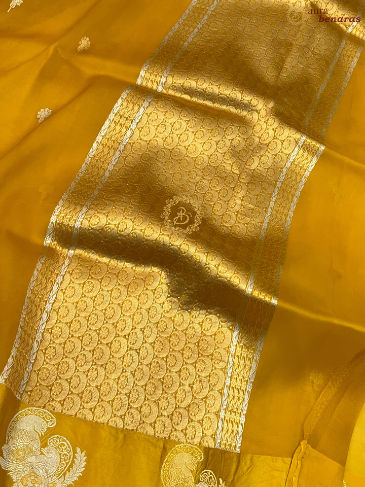 Yellow Pure Kora Silk Handloom Banarasi Saree