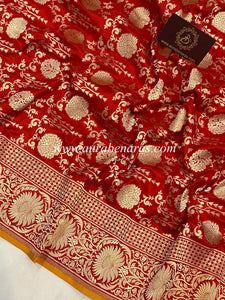 Red Pure Banarasi Handloom Katan Silk Saree - Aura Benaras