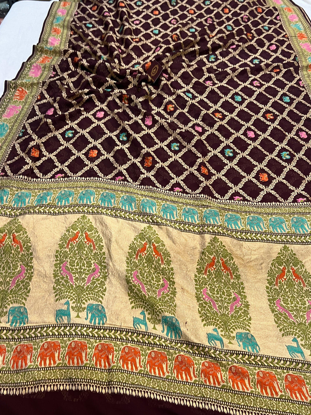 Deep Wine Tilfi Patola Pure Khaddi Georgette Silk Saree - Aura Benaras