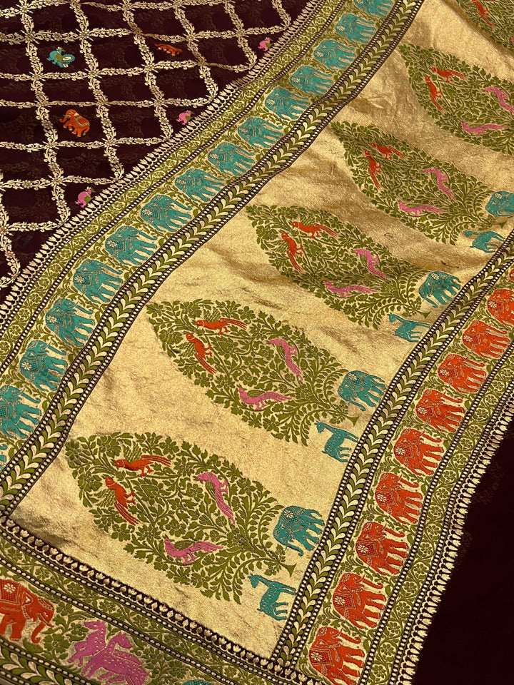 Deep Wine Tilfi Patola Pure Khaddi Georgette Silk Saree - Aura Benaras