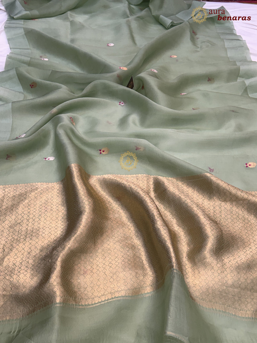 Verdigris Green Banarasi Handloom Kora Silk Saree - Aura Benaras