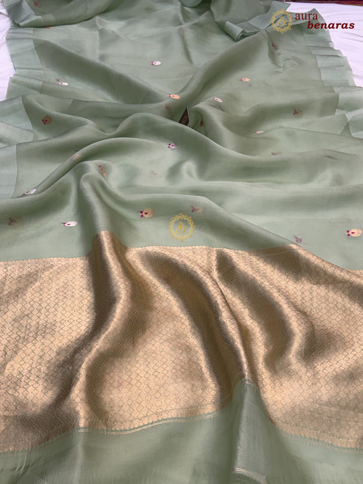 Verdigris Green Banarasi Handloom Kora Silk Saree - Aura Benaras