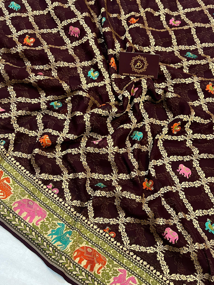 Deep Wine Tilfi Patola Pure Khaddi Georgette Silk Saree - Aura Benaras