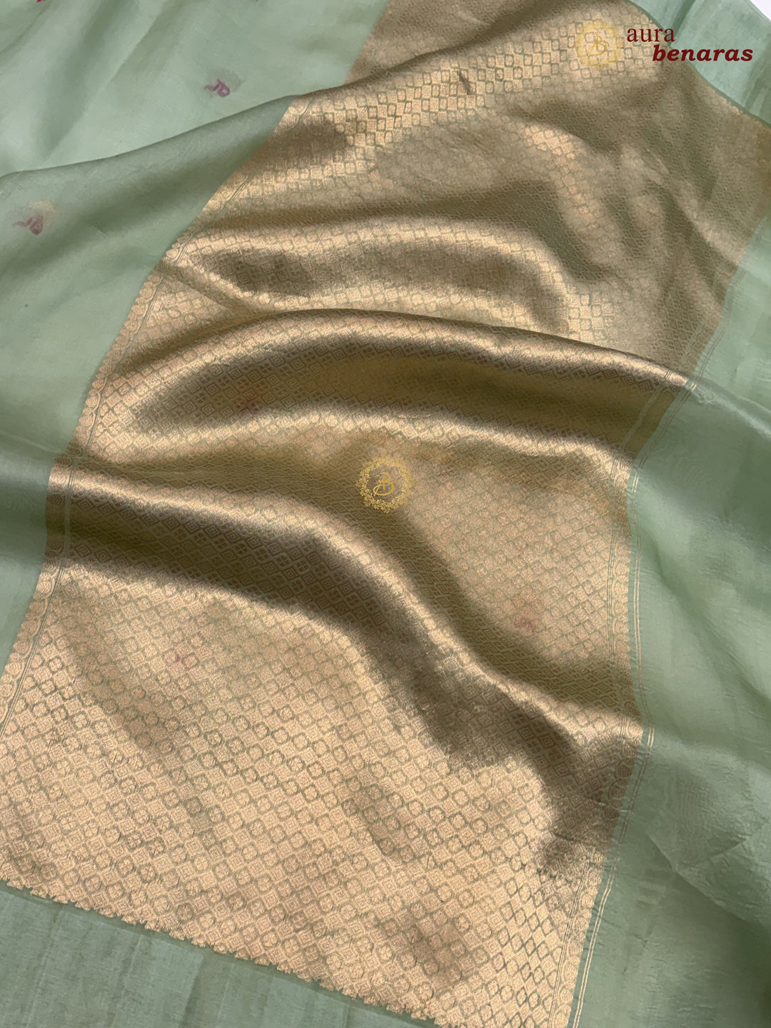 Verdigris Green Banarasi Handloom Kora Silk Saree - Aura Benaras