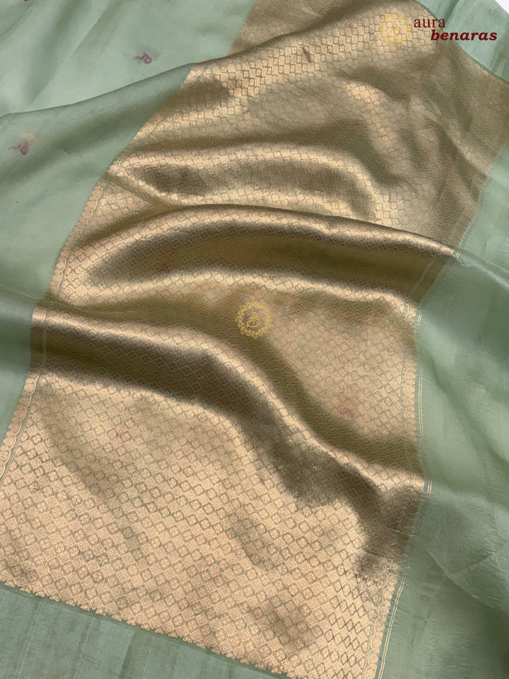 Verdigris Green Banarasi Handloom Kora Silk Saree - Aura Benaras