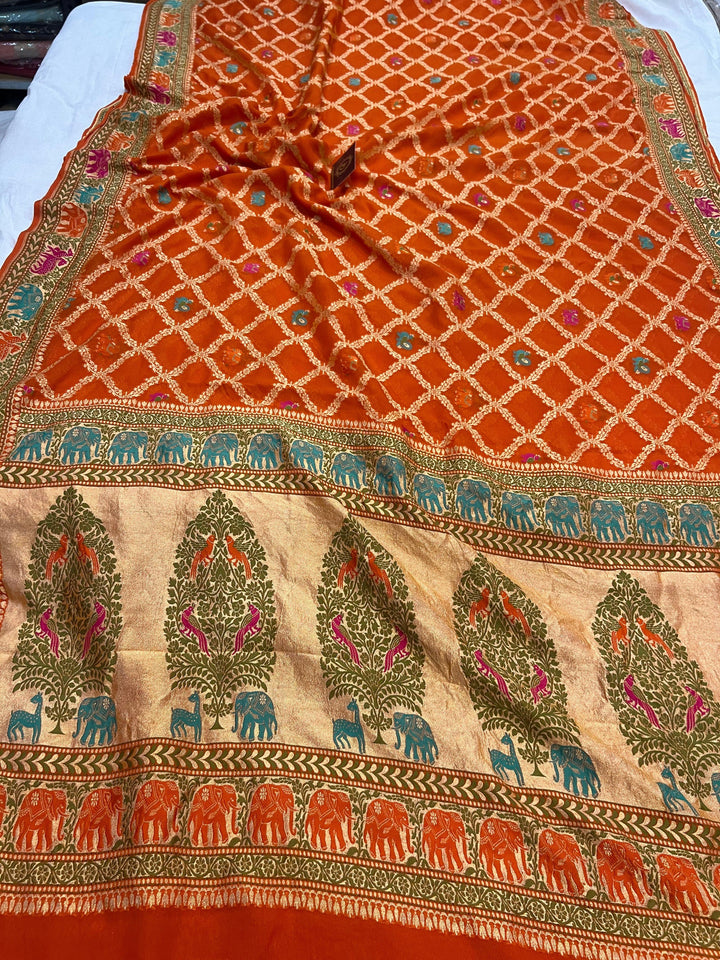 Orange Tilfi Patola Pure Khaddi Georgette Silk Saree - Aura Benaras