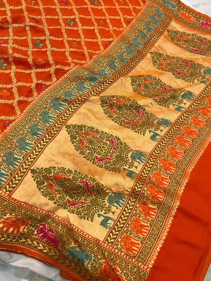 Orange Tilfi Patola Pure Khaddi Georgette Silk Saree - Aura Benaras