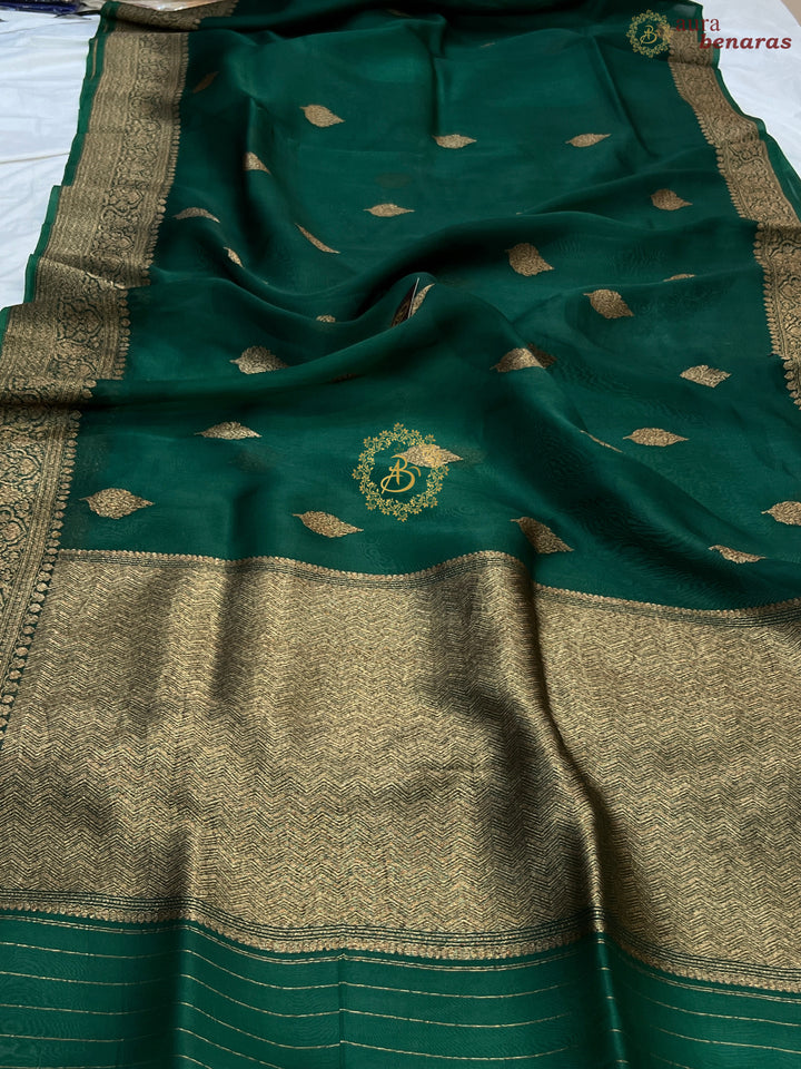 Bottle Green Banarasi Handloom Kora Silk Saree