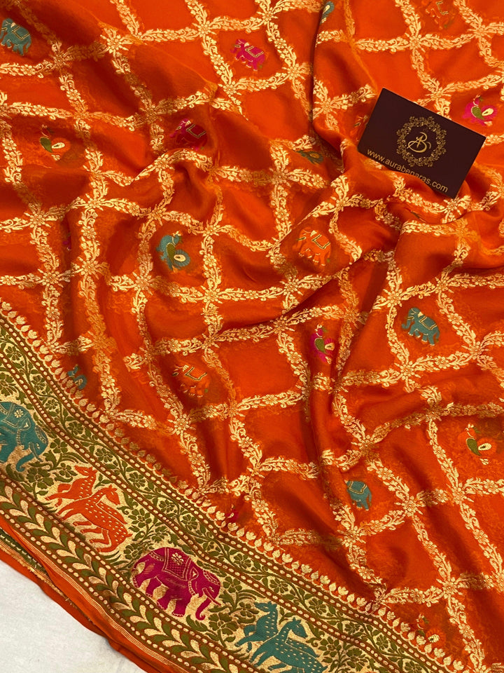Orange Tilfi Patola Pure Khaddi Georgette Silk Saree - Aura Benaras