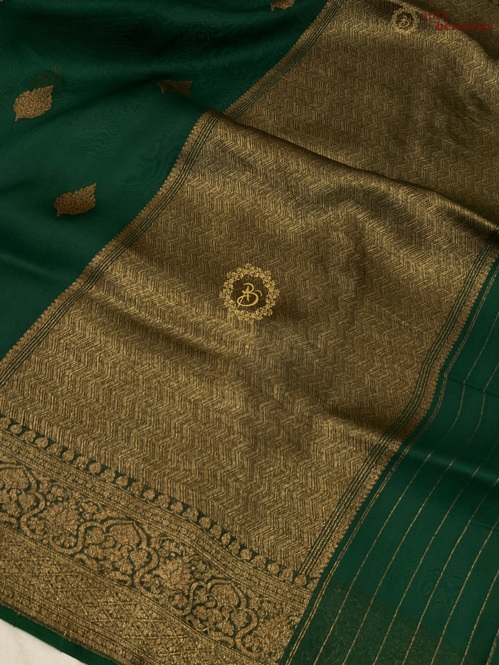 Bottle Green Banarasi Handloom Kora Silk Saree