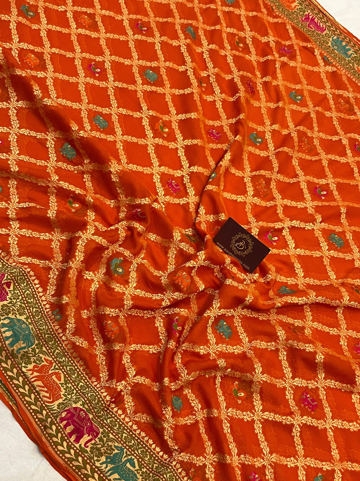 Orange Tilfi Patola Pure Khaddi Georgette Silk Saree - Aura Benaras