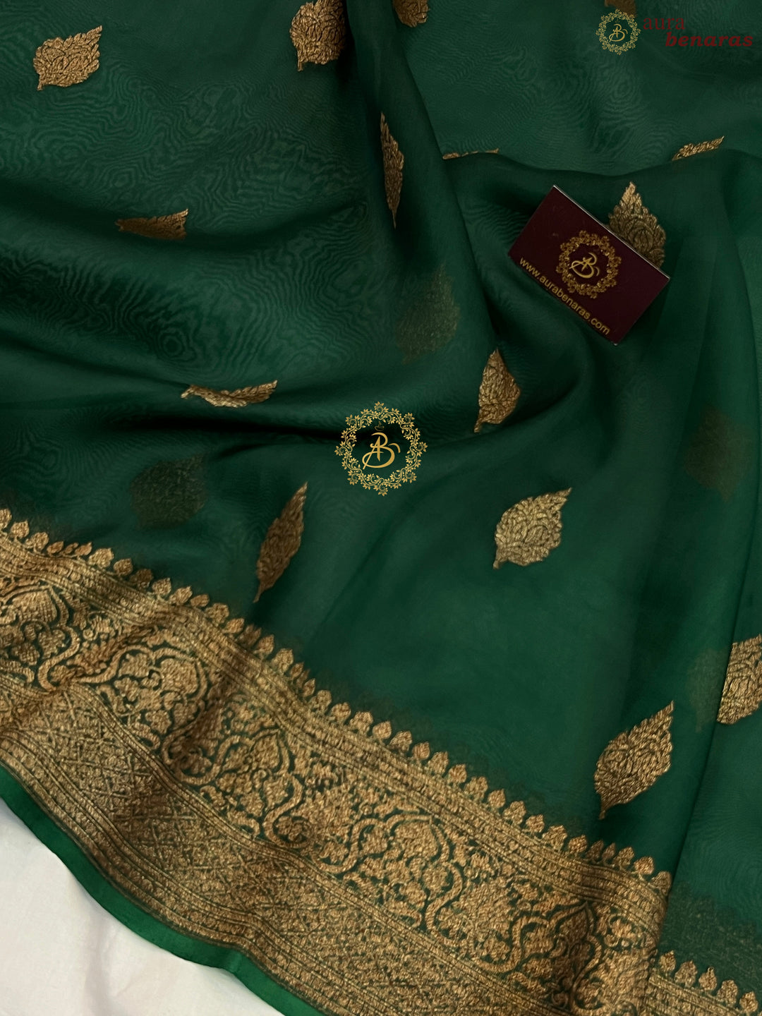 Bottle Green Banarasi Handloom Kora Silk Saree
