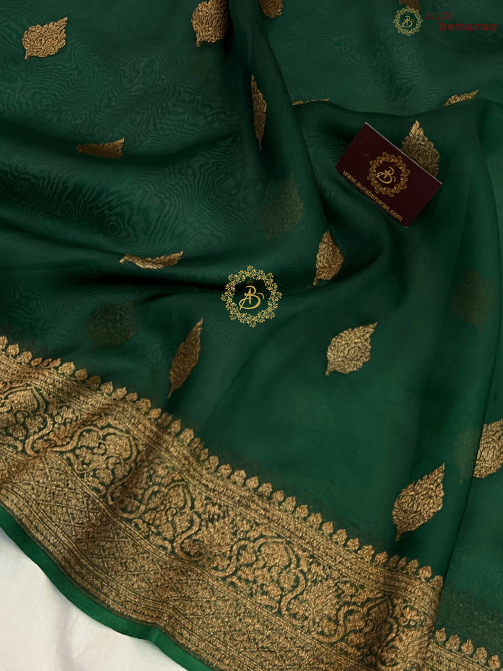 Bottle Green Banarasi Handloom Kora Silk Saree