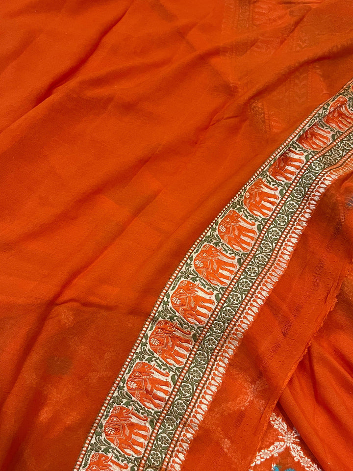 Orange Tilfi Patola Pure Khaddi Georgette Silk Saree - Aura Benaras