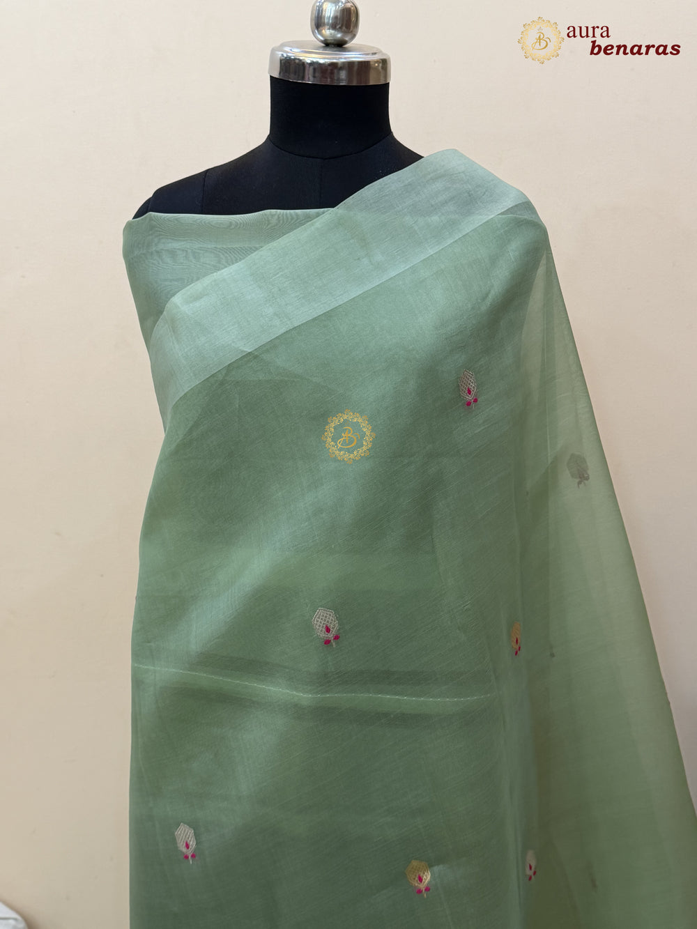 Verdigris Green Banarasi Handloom Kora Silk Saree - Aura Benaras