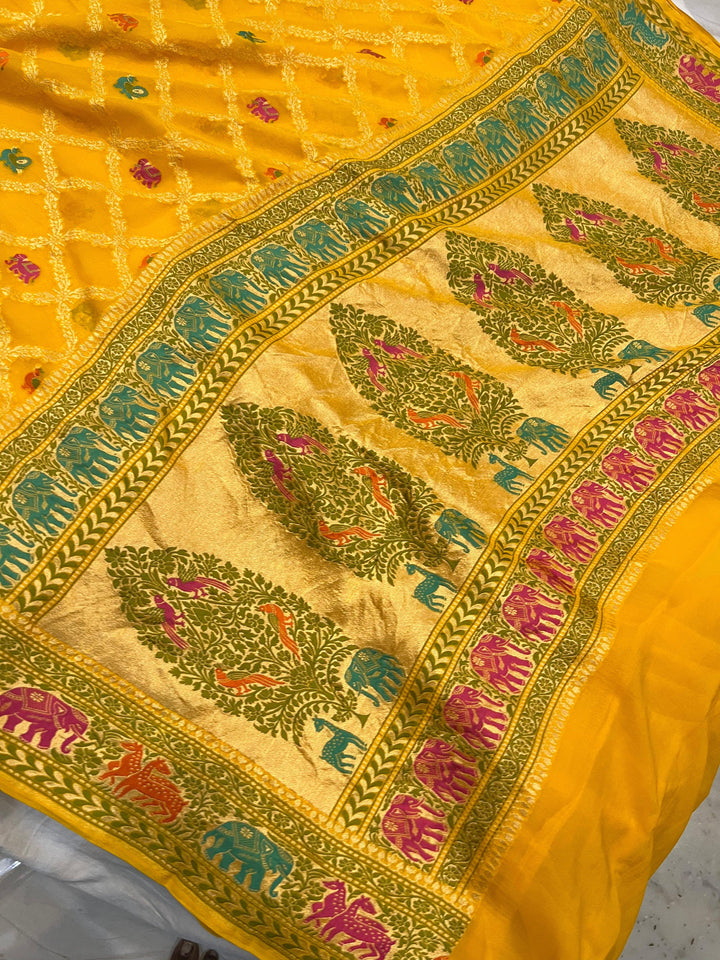 Yellow Tilfi Patola Pure Khaddi Georgette Silk Saree - Aura Benaras