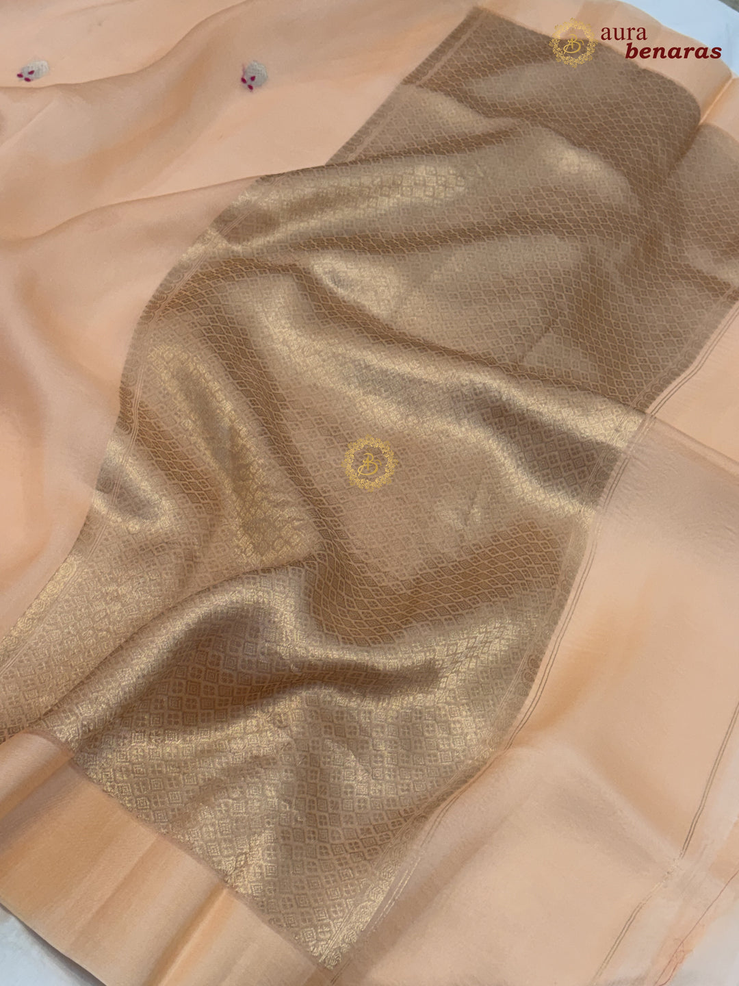 Pale PeachBanarasi Handloom Kora Silk Saree - Aura Benaras