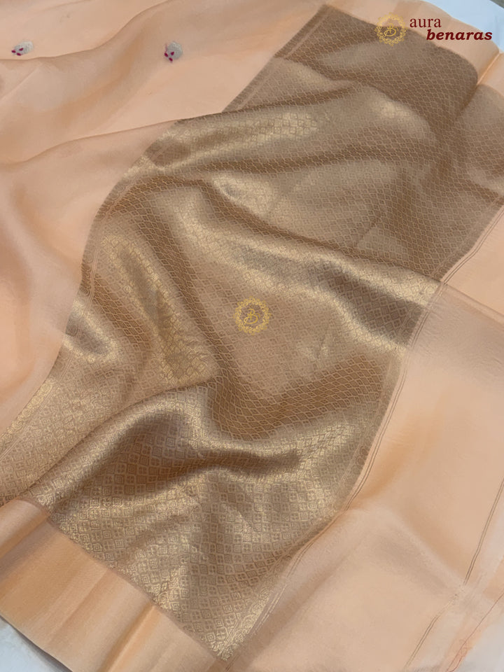 Pale PeachBanarasi Handloom Kora Silk Saree - Aura Benaras