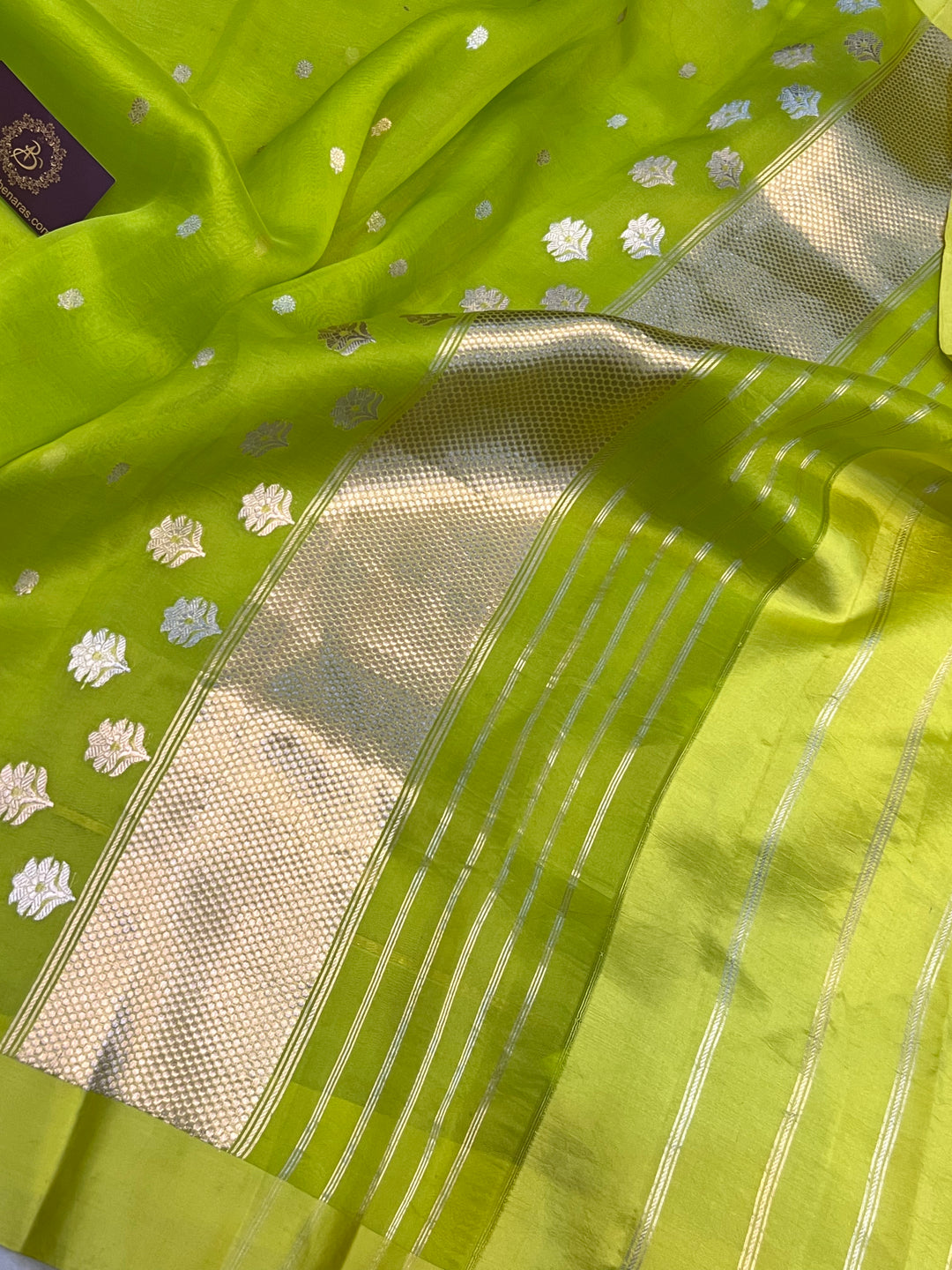 Neon Green Kora Silk Banarasi Saree with Sona Rupa Butis 