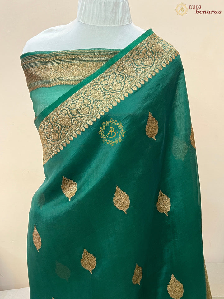 Bottle Green Banarasi Handloom Kora Silk Saree