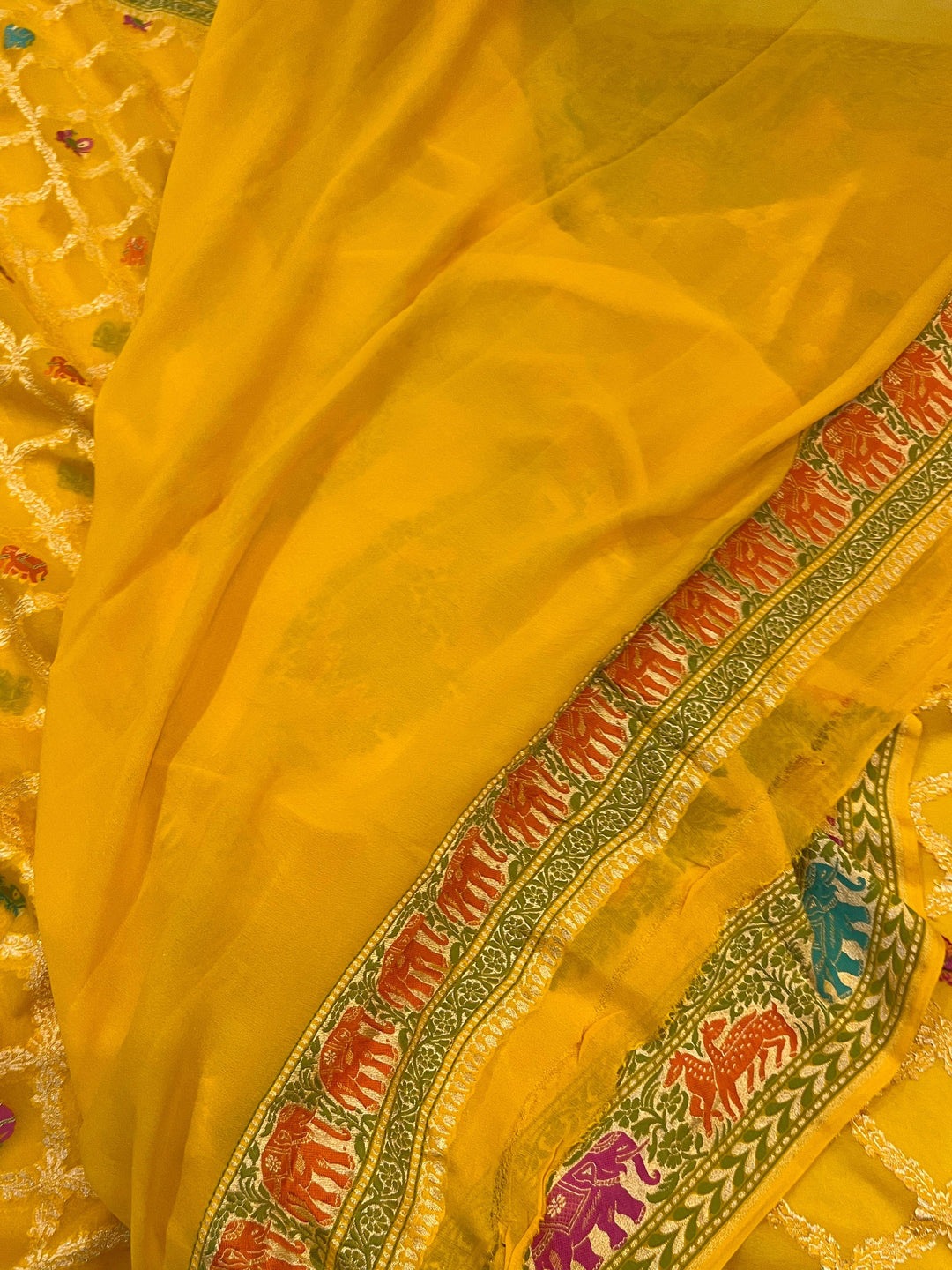 Yellow Tilfi Patola Pure Khaddi Georgette Silk Saree - Aura Benaras