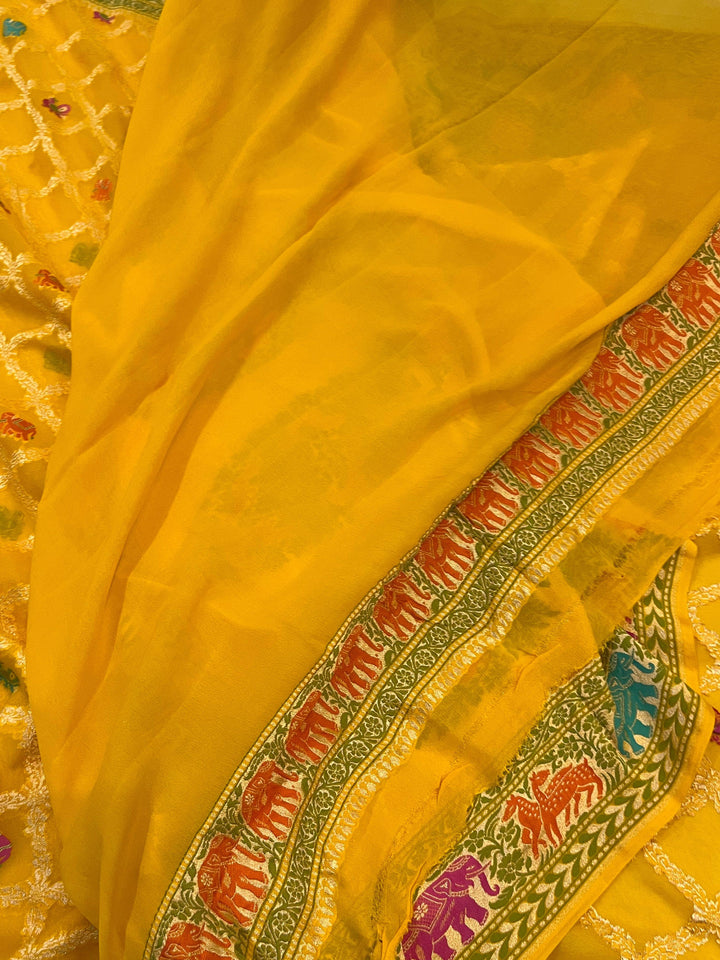Yellow Tilfi Patola Pure Khaddi Georgette Silk Saree - Aura Benaras