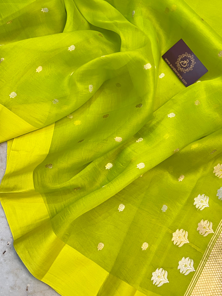 Neon Green Kora Silk Banarasi Saree with Sona Rupa Butis 