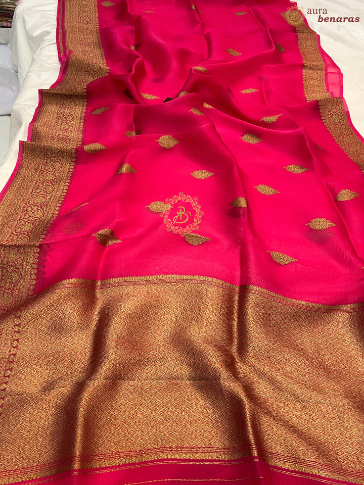 Rani Pink Banarasi Handloom Kora Silk Saree