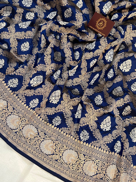 Deep Blue Pure Banarasi Handloom Katan Silk Saree - Aura Benaras