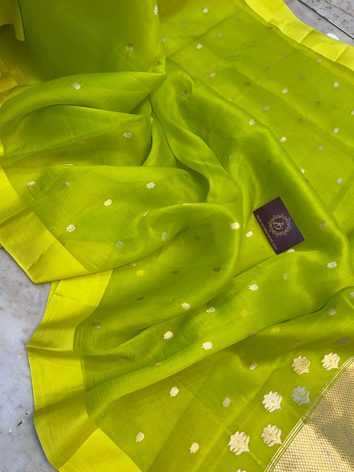 Neon Green Kora Silk Banarasi Saree with Sona Rupa Butis 