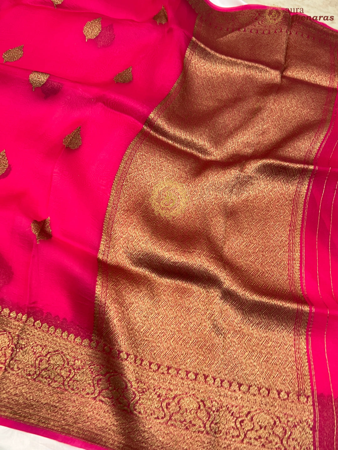 Rani Pink Banarasi Handloom Kora Silk Saree