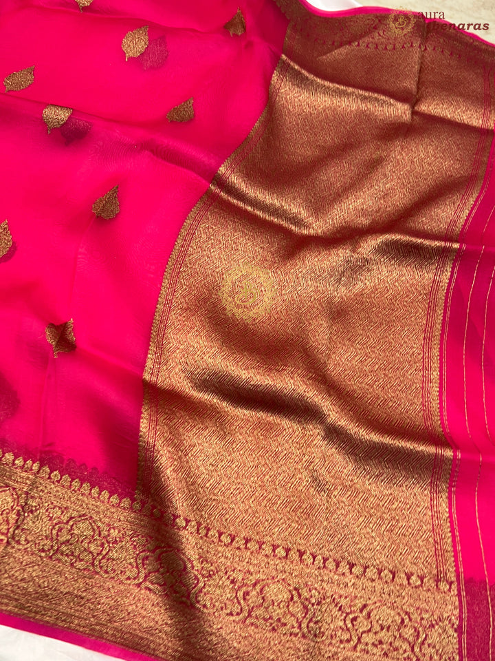 Rani Pink Banarasi Handloom Kora Silk Saree