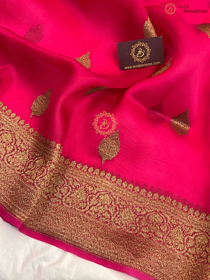 Rani Pink Banarasi Handloom Kora Silk Saree