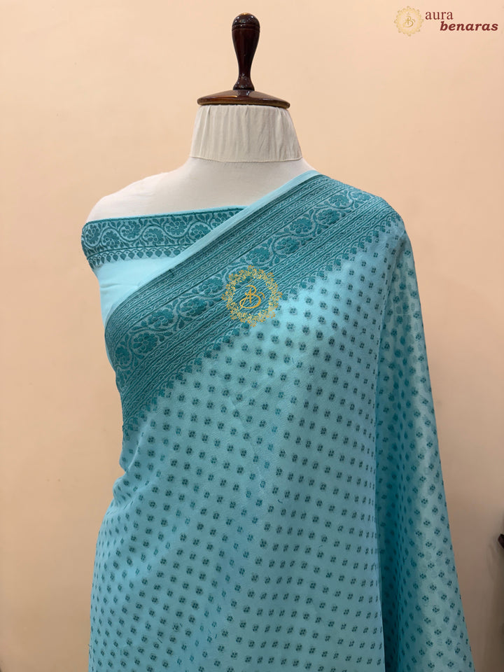 Sky Blue Banarasi Khaddi Chiffon Saree