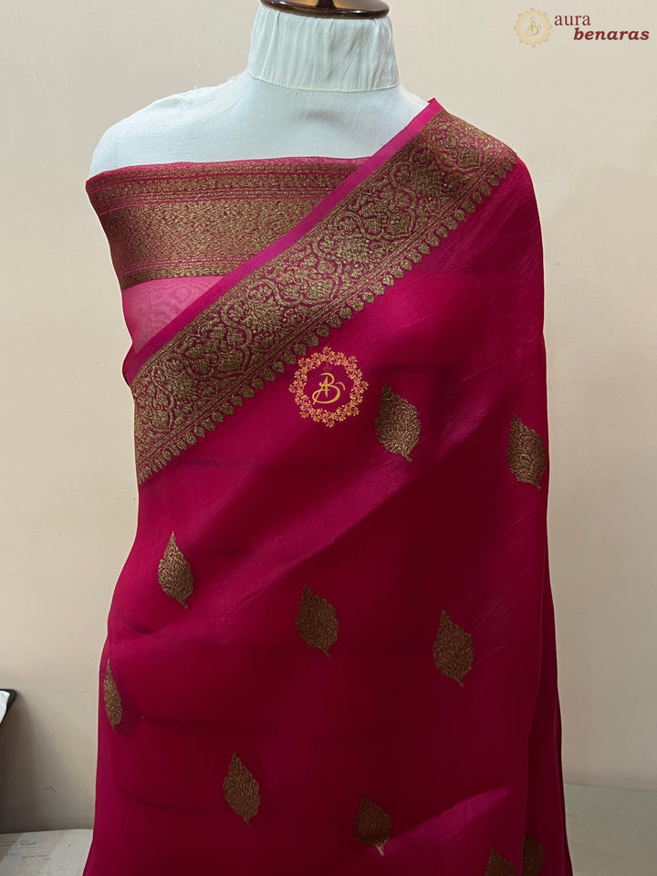 Rani Pink Banarasi Handloom Kora Silk Saree