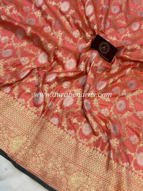 Peach Pure Banarasi Handloom Katan Silk Saree - Aura Benaras