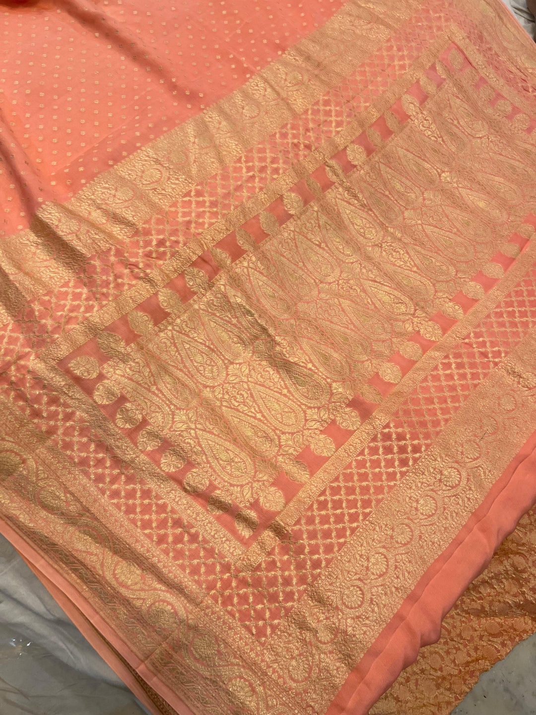 Peach Pure Banarasi Khaddi Crepe Silk Saree - Aura Benaras