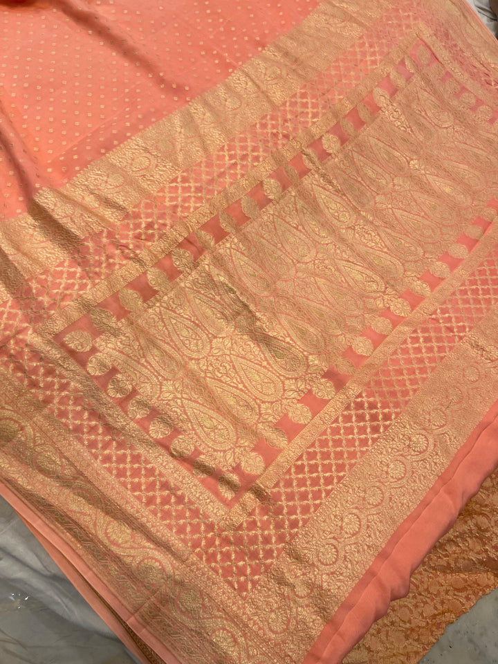 Peach Pure Banarasi Khaddi Crepe Silk Saree - Aura Benaras