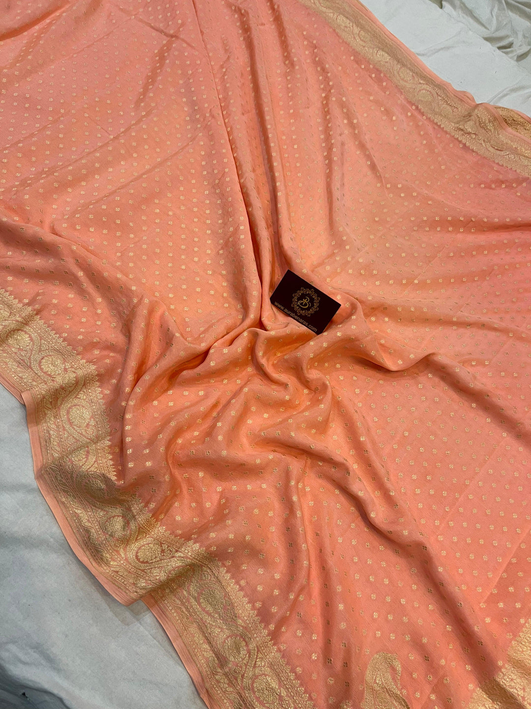 Peach Pure Banarasi Khaddi Crepe Silk Saree - Aura Benaras