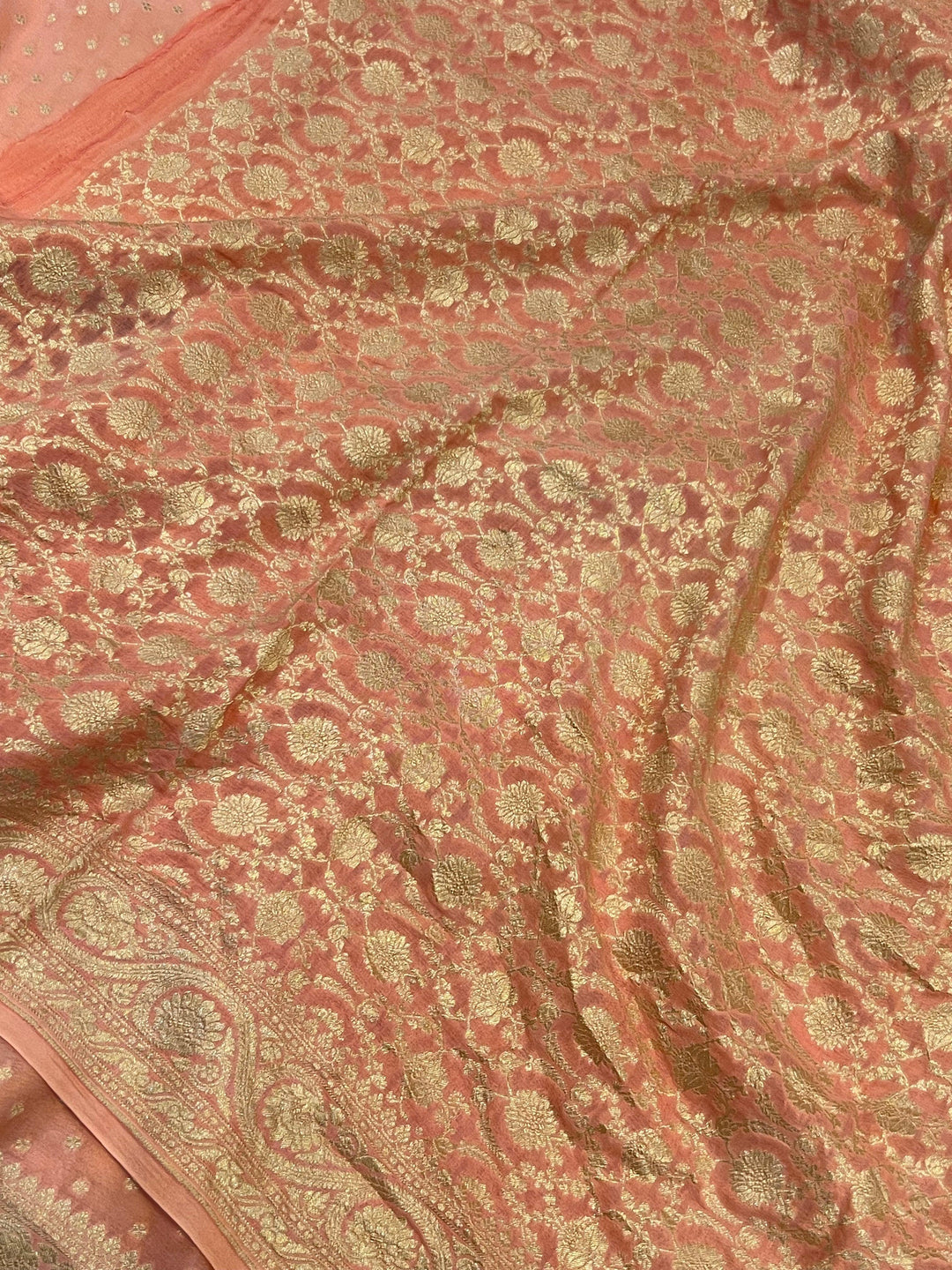 Peach Pure Banarasi Khaddi Crepe Silk Saree - Aura Benaras