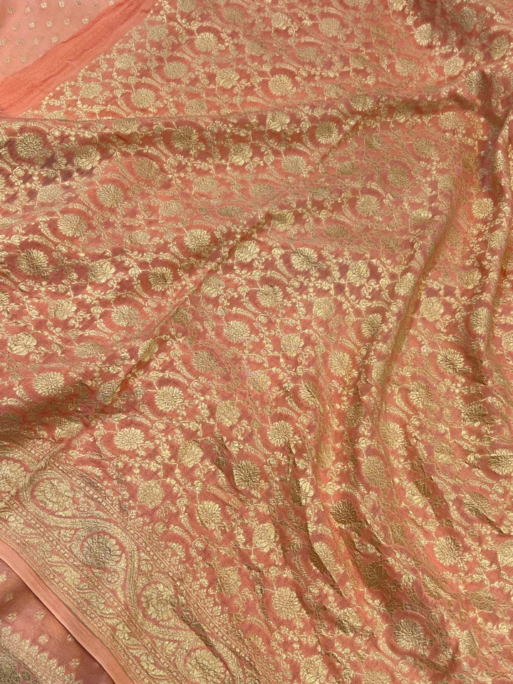 Peach Pure Banarasi Khaddi Crepe Silk Saree - Aura Benaras