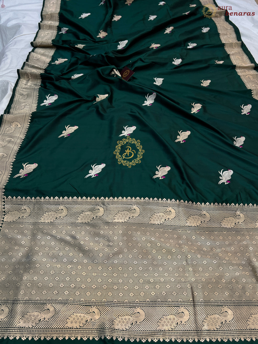 Bottle Green Pure Katan Silk Handloom Banarasi Saree