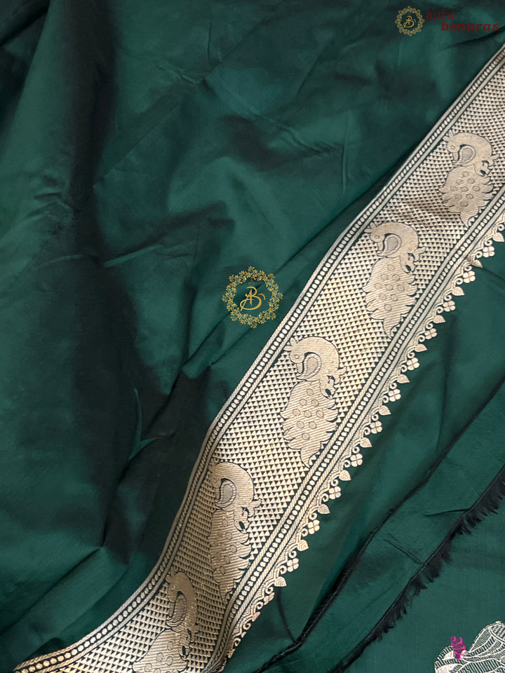 Bottle Green Pure Katan Silk Handloom Banarasi Saree