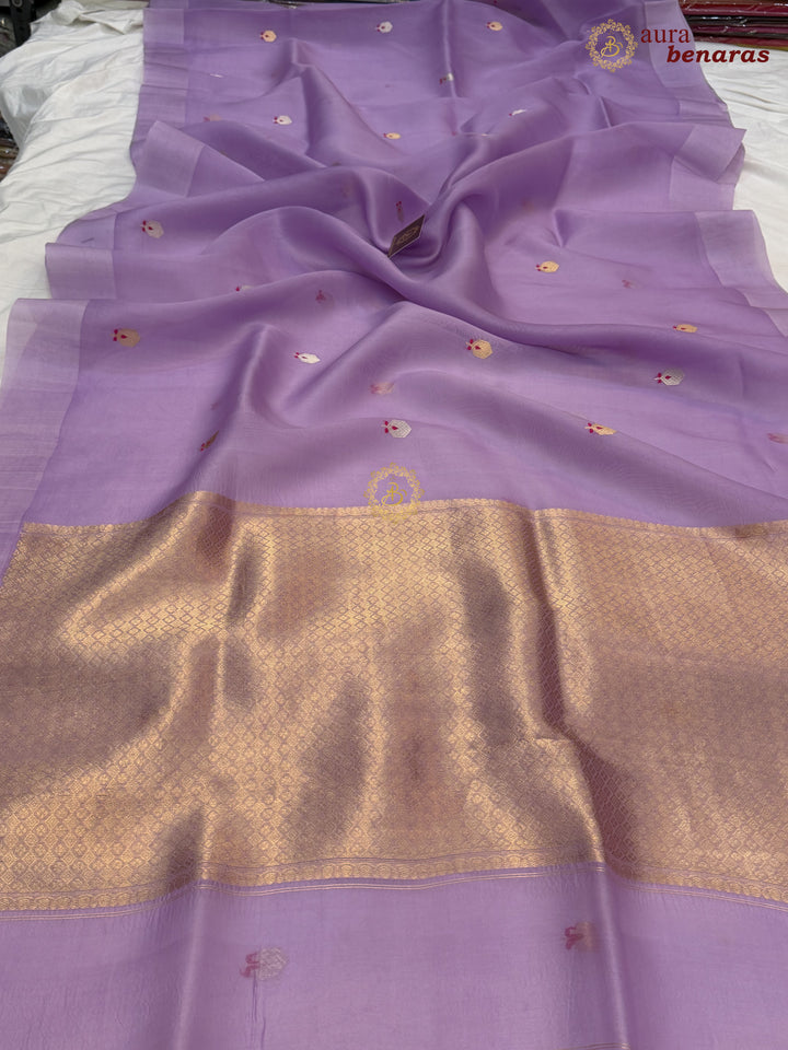 Lavender Banarasi Handloom Kora Silk Saree - Aura Benaras
