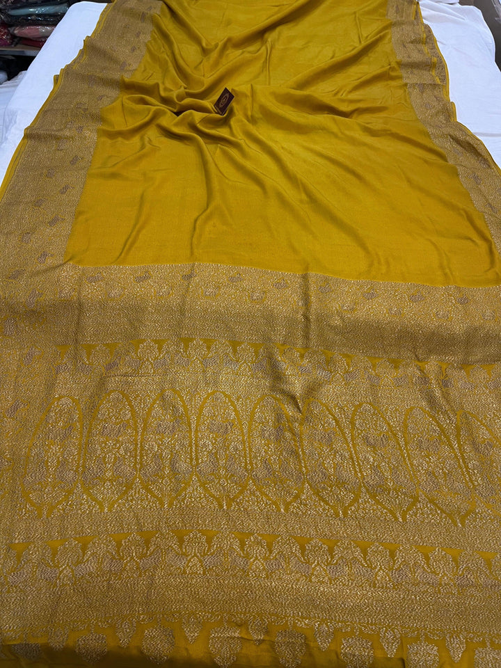 Mustard Yellow Pure Banarasi Khaddi Crepe Silk Saree - Aura Benaras