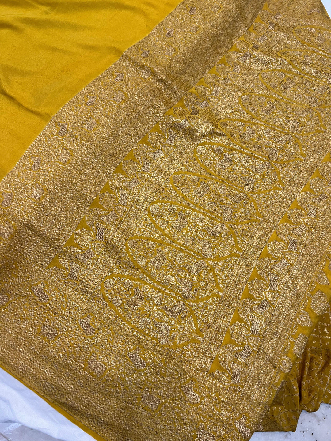 Mustard Yellow Pure Banarasi Khaddi Crepe Silk Saree - Aura Benaras