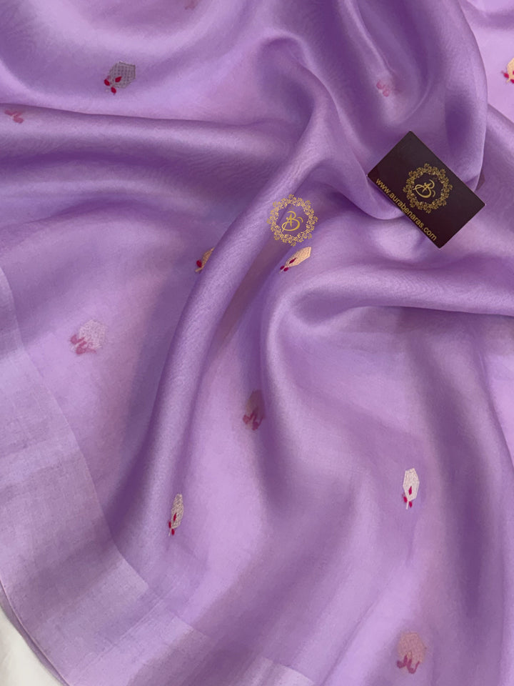 Lavender Banarasi Handloom Kora Silk Saree - Aura Benaras
